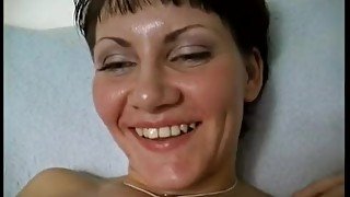 Naughty mom MILF stuffing shaved pussy with big dildo close up