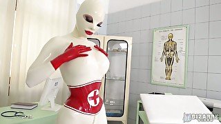 Nurse in latex zipper crotch suit Lucy masturbates pussy and sucks sex toys