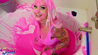 Fetish paint bathtub play with silicone filled blonde whore