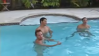 Wild gay guy with short red hair enjoying a hardcore gangbang