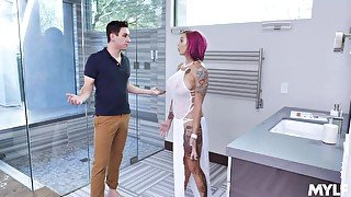 Tattooed milf squirts on BF's face and gets fucked hard from behind