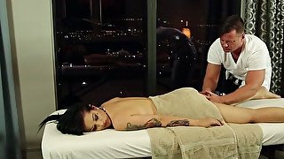 Busty tabooed brunette seduces shy massage man hoping to taste his cock