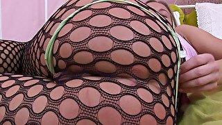 Petite light haired teen in fishnets adores steamy solo after classes