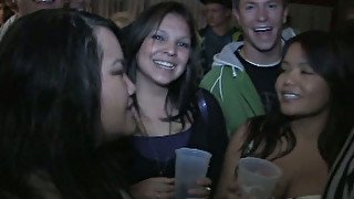 Insatiable brunette chicks present hard lesbo sex at dirty college fuck fest