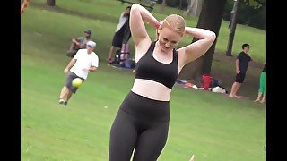 Sexy Phat Ass White Girl blonde in tight lycra pants outdoor