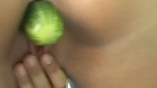 Frisky skank is sucking hard dong having her pussy hole stuffed with cucumber