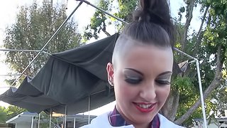 Half a shaved head on this sexy chick fucking the bus driver