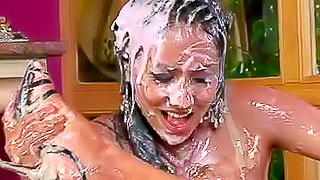 Thick pudding poured on sexy girls