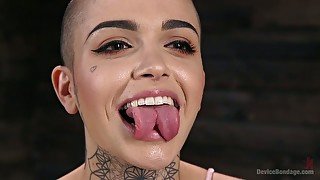 Submissive bald whore Leigh Raven gets hairy pussy masturbated