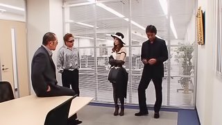 Fashionable Asian girl fucks three guys in the office