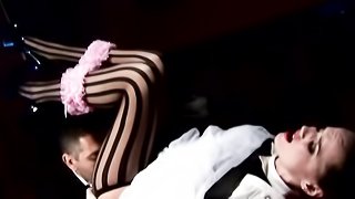 Brunette room maid rocking with her master while her mistress plays with sex toys