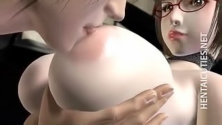 Stockinged busty 3D hentai whore gives BJ