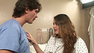 Lusty slutty brunette patient gets her pussy licked by lucky doctor