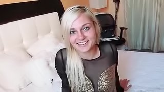 Blue eyed teen blonde sucks and rides cock in POV