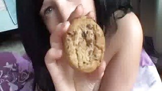 Busty brunette sucks my cock and eats a biscuit with my cum