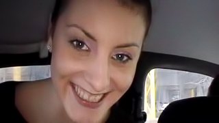 Barebacking sexy brunette in car shot in POV