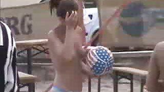 Sexy half naked teen chicks playing volleyball on the beach