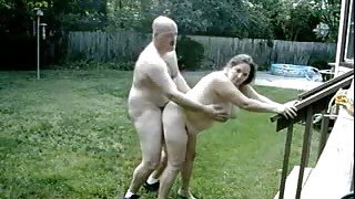 Mature fat neighbor couple having sexy time in the backyard