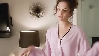 Lovely redhead wearing bathrobe takes off clothes to shut up denying guy.