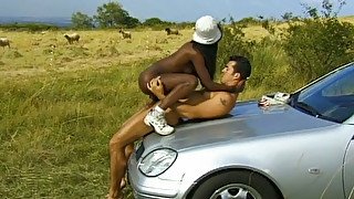 Lusty black whore got her anus destroyed hard by white guy outdoors