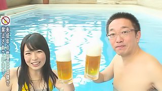 Vacationing Japanese couple fuck in the pool at the hotel