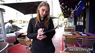 Cute waitress Melody Marks gives her head and gets fucked on POV camera