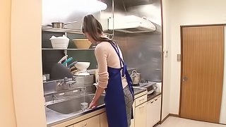 Japanese wife is fondled,gives blowjob and ravished Hardcore in kitchen