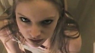 Skanky Euro girlfriend takes a piss before sucking my dick