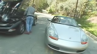 Two horny blonde girls get fucked rough near the car