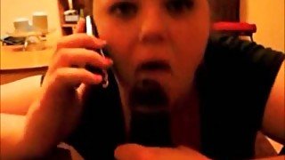 Chubby white lady eats big black dick and talks on the phone