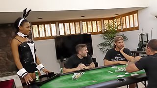 During poker night a group of white guys gangbang the hot, ebony maid