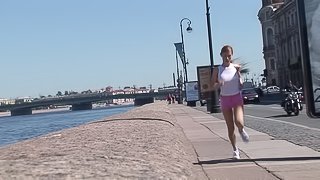 Russian blonde Olga meets BBC while jogging