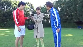 A sporty Japanese babe gets fucked by two athletes outdoors