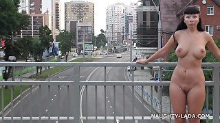 Naughty Russian brunette naked outdoors on public - fetish solo