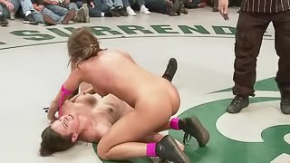 Four sexy girls in bikini fight and also fuck in a ring
