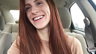 Ginger amateur girl masturbates in the car