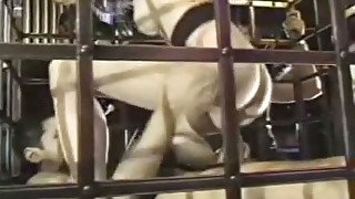 Brunette whore in a cage gives deepthroat blowjob to a duo of dudes