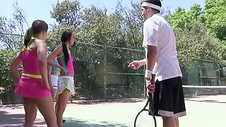 Teen sporty slut gets a tennis lesson then fucks on the court