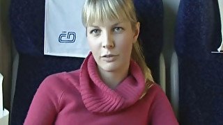 Hussy Veronica gives blowjob to one strange dude in the train