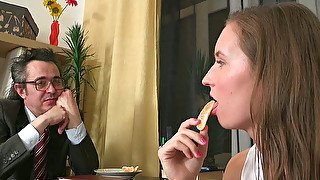 Bitchy Russian chick performs her oral skills to mature man