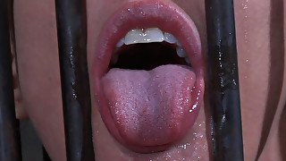 Bosomy blonde Darling is trained for brutal deep throat in head cage