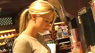 Red hot blonde Alison Angel doesn't wear a bar under her tight shirt