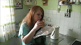 Kinky red haired GF of my buddy adds some sperm before eating cookie