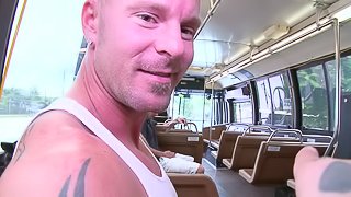 Crazy gay guys get naked and fuck like crazy on a public bus