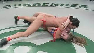 Four stunning babes fight and then toy each others pussies