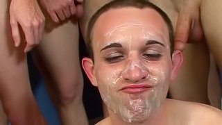 Bald dude with nice face is getting cum in his face