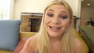 Blonde with natural tits licking huge balls passionately in closeup shoot