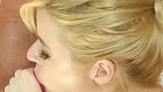 Tall blond haired sex doll Charlyse Angel blows hard cock in bath