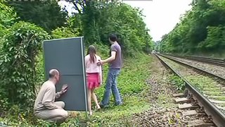 A guy jerks off while watching a couple fucking outdoors