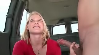 Shy teen blonde eating a giant dick in the sex bus